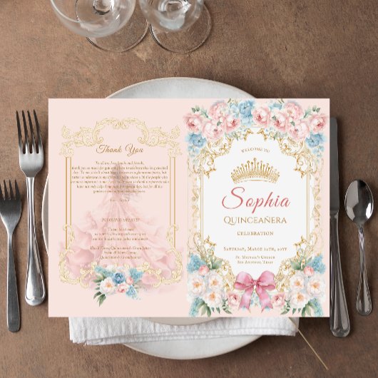 Classy Pink Bow Floral Quinceanera Programma