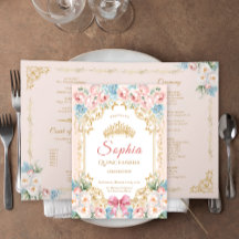 Classy Pink Bow Floral Quinceanera Programma Kaart