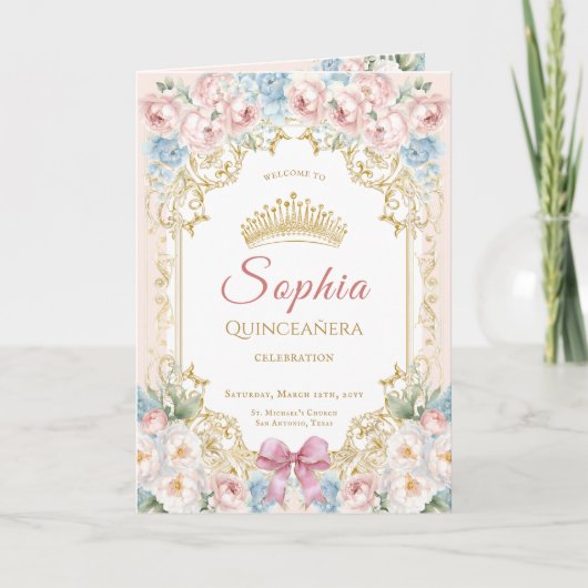 Classy Pink Bow Floral Quinceanera Programma Kaart (Voorkant)