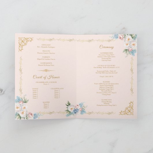 Classy Pink Bow Floral Quinceanera Programma Kaart (Binnen)