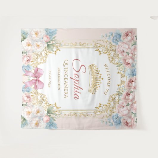 Classy Pink Bow Floral Quinceanera Welkom Wandkleed (Voorkant (horizontaal))