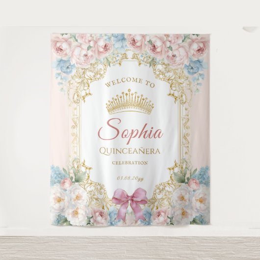 Classy Pink Bow Floral Quinceanera Welkom Wandkleed (Voorkant)