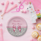 Classy Pink Bow Silver Sequins Baby shower Papieren Bordje (Feest)