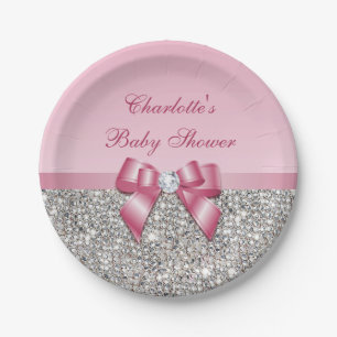 Classy Pink Bow Silver Sequins Baby shower Papieren Bordje