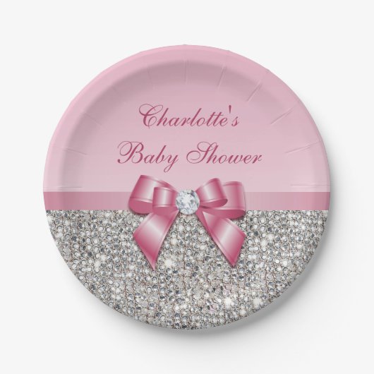 Classy Pink Bow Silver Sequins Baby shower Papieren Bordje (Voorkant)