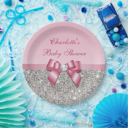 Classy Pink Bow Silver Sequins Baby shower Papieren Bordje (Feest)