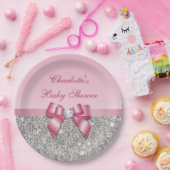 Classy Pink Bow Silver Sequins Baby shower Papieren Bordje (Feest)