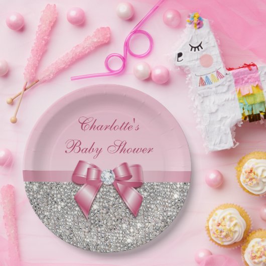 Classy Pink Bow Silver Sequins Baby shower Papieren Bordje (Feest)