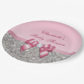 Classy Pink Bow Silver Sequins Baby shower Papieren Bordje (Gekanteld)