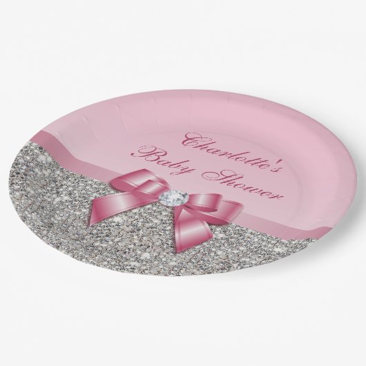 Classy Pink Bow Silver Sequins Baby shower Papieren Bordje (Gekanteld)
