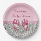 Classy Pink Bow Silver Sequins Baby shower Papieren Bordje (Voorkant)