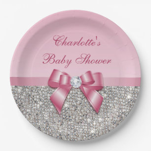 Classy Pink Bow Silver Sequins Baby shower Papieren Bordje
