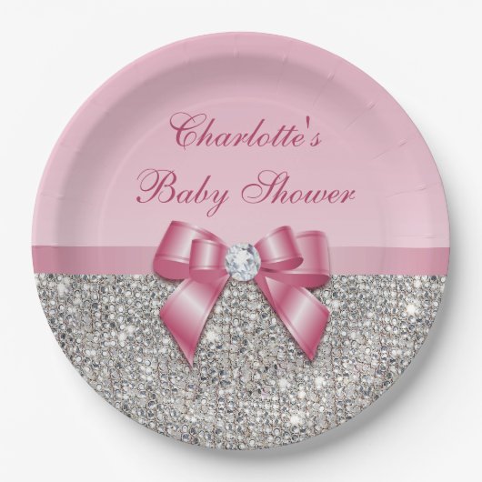 Classy Pink Bow Silver Sequins Baby shower Papieren Bordje (Voorkant)