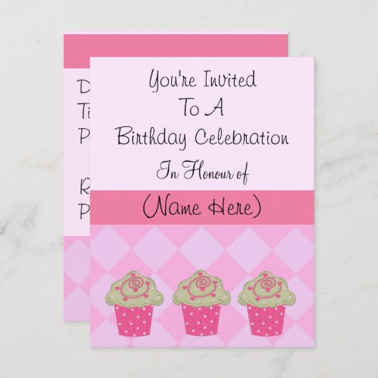 Classy Pink Cupcake Birthday Uitnodiging (Voorkant / Achterkant)