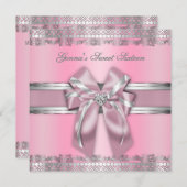 Classy Pink en Silver Invite Kaart (Voorkant / Achterkant)