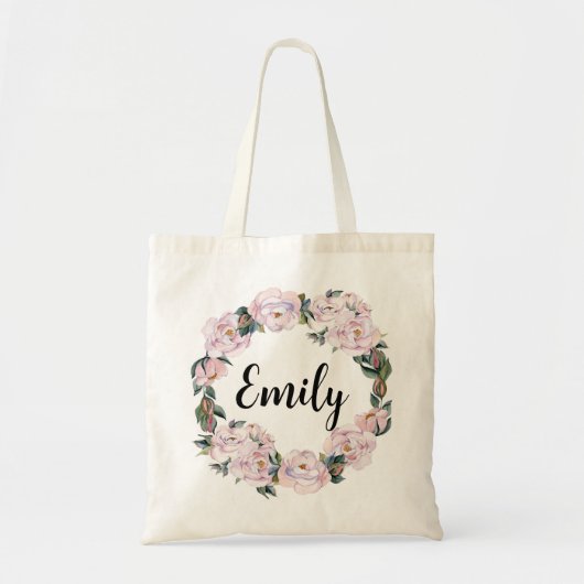 Classy Pink Floral Bridesmaid Monogram Naam Tote Bag (Voorkant)
