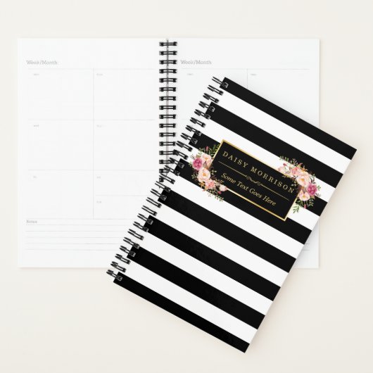 Classy Pink Floral Girly Gold Black White Stripes Planner (Display)