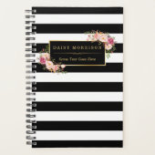 Classy Pink Floral Girly Gold Black White Stripes Planner (Voorkant)