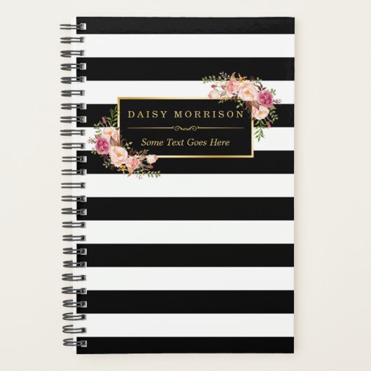 Classy Pink Floral Girly Gold Black White Stripes Planner (Voorkant)