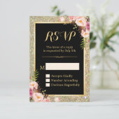Classy Pink Floral Gold Glitter Sparking RSVP (Staand voorkant)