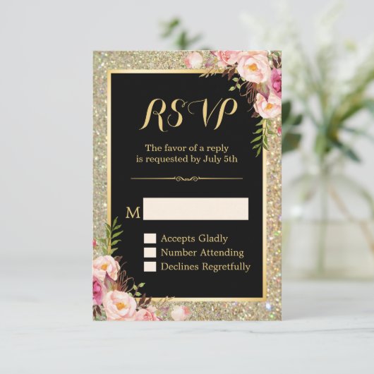Classy Pink Floral Gold Glitter Sparking RSVP (Staand voorkant)