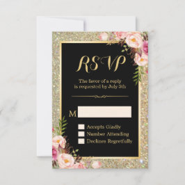 Classy Pink Floral Gold Glitter Sparking RSVP Kaartje