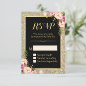 Classy Pink Floral Gold Glitter Sparking RSVP Kaartje (Staand voorkant)