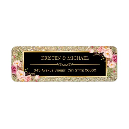 Classy Pink Floral Gold Glitter Sparkles Weduwen Etiket (Voorkant)
