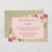 Classy Pink Floral Gold Glitter Weddenschap Informatiekaartje (Voorkant / Achterkant)