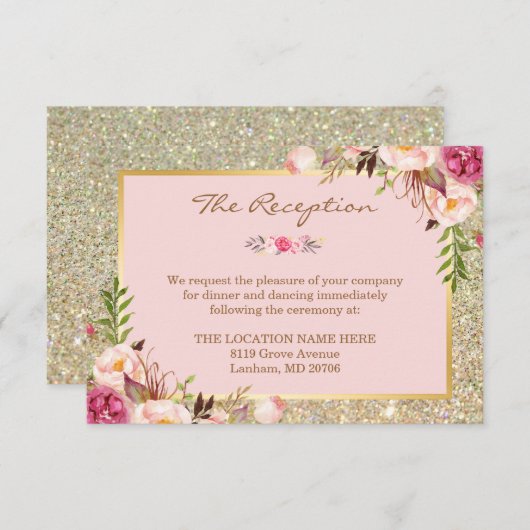 Classy Pink Floral Gold Glitter Weddenschap Informatiekaartje (Voorkant / Achterkant)
