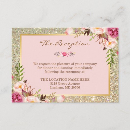 Classy Pink Floral Gold Glitter Weddenschap Informatiekaartje (Voorkant)