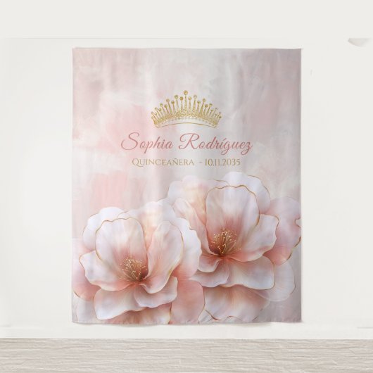 Classy Pink Floral Quinceanera foto achtergrond Wandkleed (Voorkant)