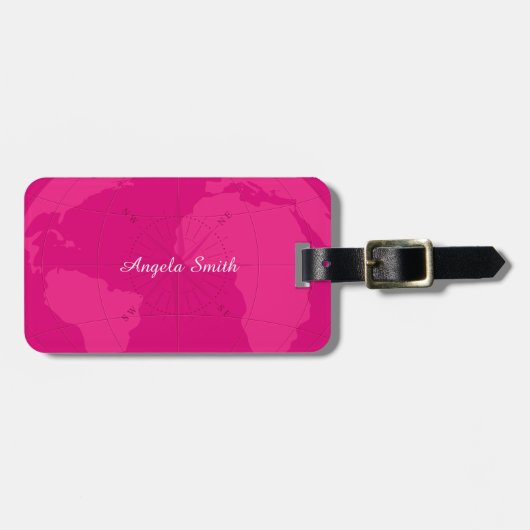 Classy Pink Wereldkaart met Compass Roos Monogram Bagagelabel (Voorkant horizontaal)