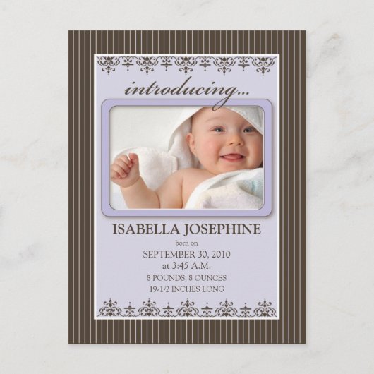 Classy Pinstripe Lila Baby Aankondiging Briefkaart (Voorkant)
