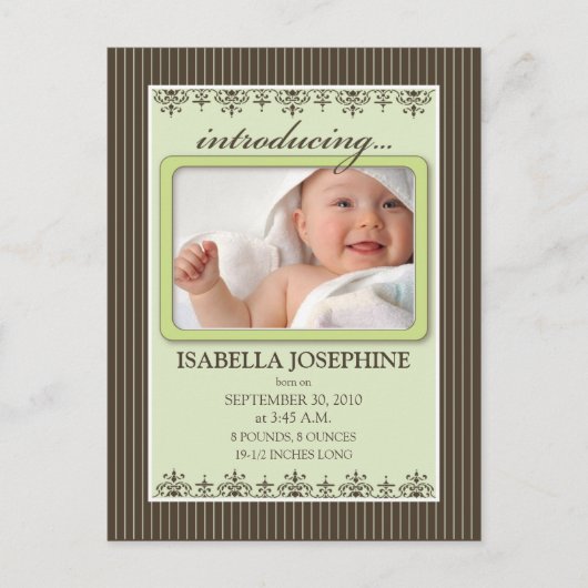 Classy Pinstripe Limoen Baby Aankondiging Briefkaa (Voorkant)