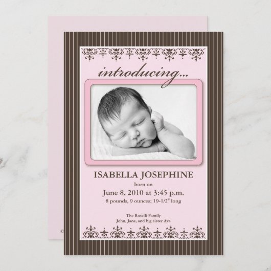 Classy Pinstripe Pink 5x7" geboorteaankondiging Aankondiging (Voorkant / Achterkant)