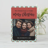 Classy Plaid Rood en Groen Foto Feestdagenkaart (Staand voorkant)