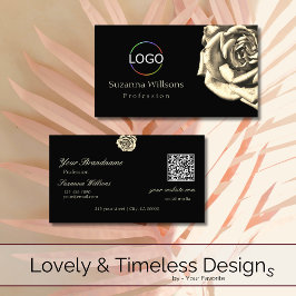 Classy Plain Black Beige Roos Logo en QR-code Visitekaartje