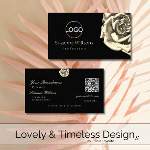 Classy Plain Black Beige Roos Logo en QR-code Visitekaartje