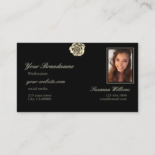 Classy Plain Black Beige Roos met Initialen Foto Visitekaartje (Achterkant)