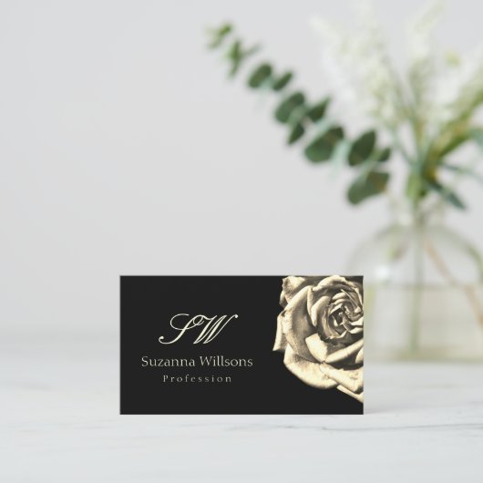 Classy Plain Black Beige Roos met Initialen Visitekaartje (Staand voorkant)