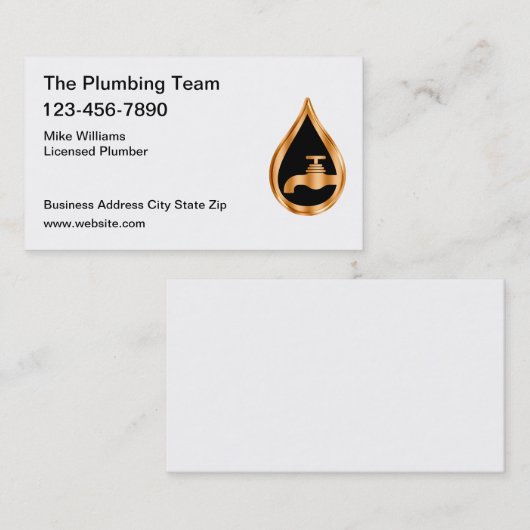 Classy Plumbing Service Gold Tone Water Drop Visitekaartje (Voorkant / Achterkant)