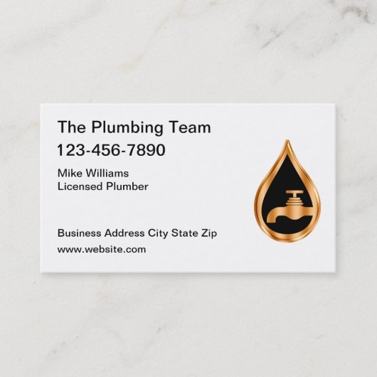 Classy Plumbing Service Gold Tone Water Drop Visitekaartje (Voorkant)