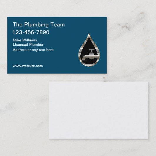 Classy Plumbing Service Silver Tone Water Drop Visitekaartje (Voorkant / Achterkant)