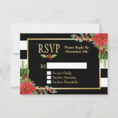 Classy Poinsettia Floral Gold Black White Stripes RSVP Kaartje (Voorkant)