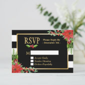 Classy Poinsettia Floral Gold Black White Stripes RSVP Kaartje (Staand voorkant)