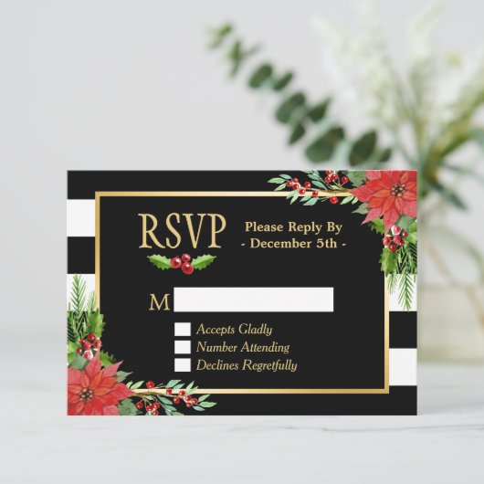 Classy Poinsettia Floral Gold Black White Stripes RSVP Kaartje (Staand voorkant)