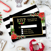 Classy Poinsettia Floral Gold Black White Stripes RSVP Kaartje