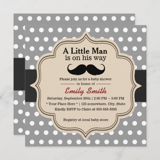 Classy Polka Dots Mustache Little Man Baby shower Kaart (Voorkant / Achterkant)
