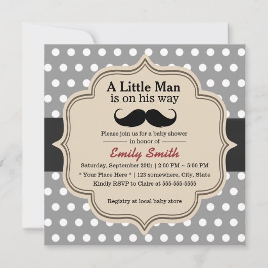 Classy Polka Dots Mustache Little Man Baby shower Kaart (Voorkant)